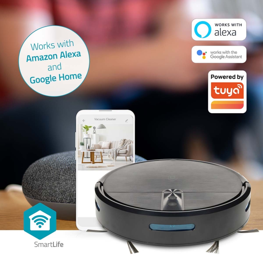 Aspirateur robot intelligent 2-en-1 (aspiration et lavage) SmartLife 2600 mAh Wi‑Fi compatible Tuya noir + télécommande