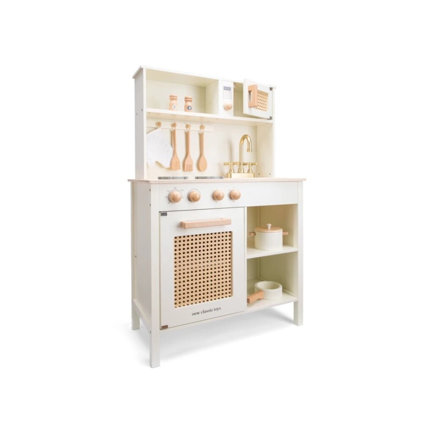 New Classic Toys - Cuisine en bois avec accessoires blanc/rotin