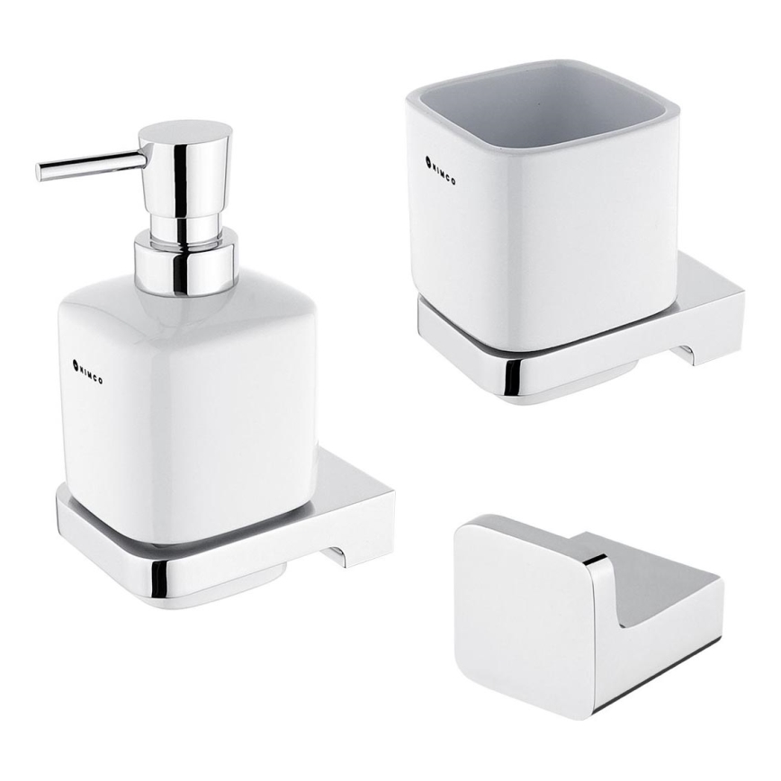 NIMCO MA lot-31K-26 - Distributeur mural de savon, support pour brosse à dents et crochet mural MAYA 320 mm blanc/chrome brillant