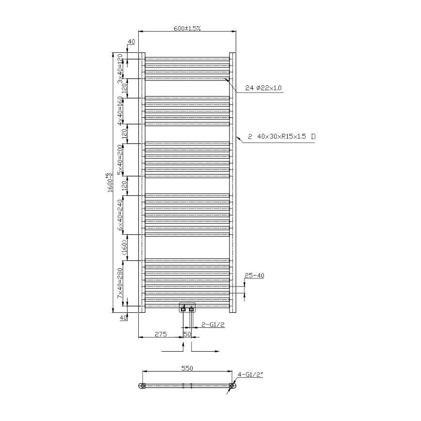 Novaservis - Radiateur sèche-serviettes en échelle droit 836W/230V 160x60 cm, noir