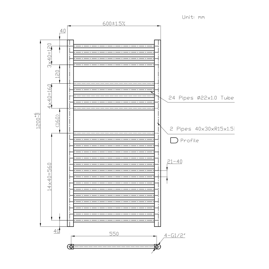 Novaservis - Radiateur sèche-serviettes pour salle de bains 644W/230V 120x60 cm, blanc, à tubes droits