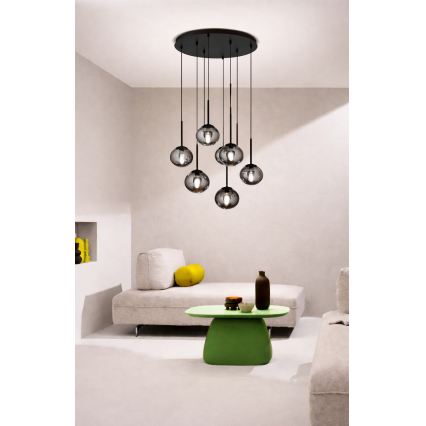 Ondaluce - Suspension sur câble JEWEL 8xE14/10W/230V Ø 70 cm noir/noir fumé