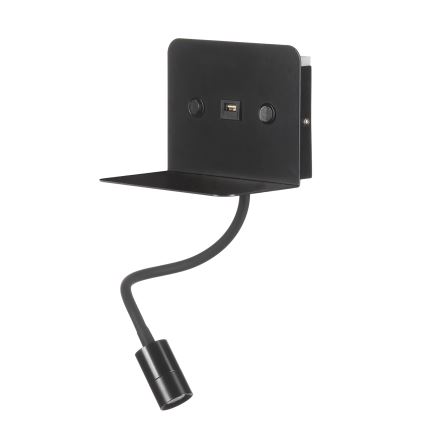 ONLI - Petite lampe flexible avec étagère et chargeur USB PLAK LED/1W/230V noir