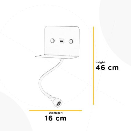 ONLI - Petite lampe flexible avec étagère et chargeur USB PLAK LED/1W/230V noir