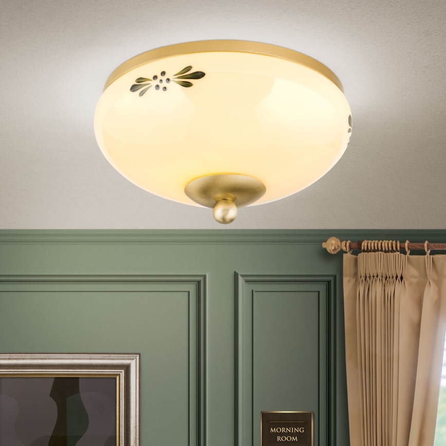 Plafonnier LANDHAUS 1xE27/60W/230V Ø 21 cm laiton/beige/vert