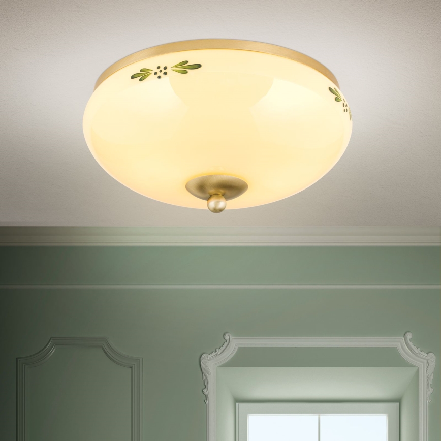 Plafonnier LANDHAUS 2xE27/60W/230V Ø 28 cm laiton/beige/vert
