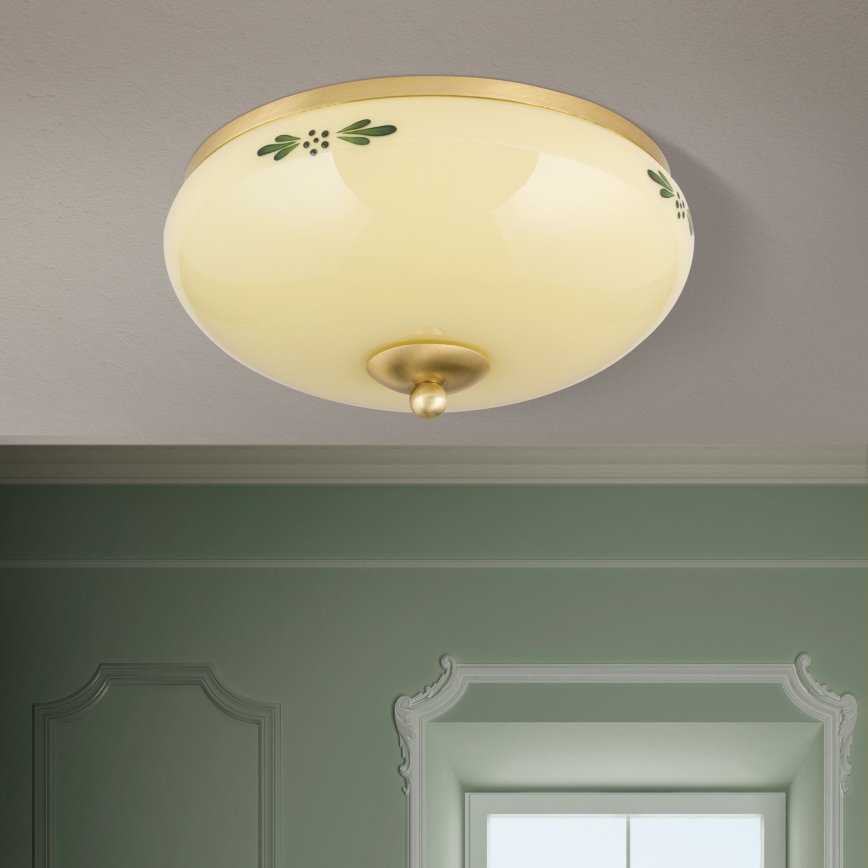 Plafonnier LANDHAUS 2xE27/60W/230V Ø 28 cm laiton/beige/vert