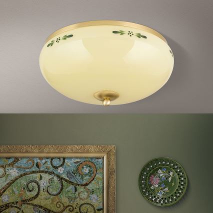 Plafonnier LANDHAUS 3xE27/60W/230V Ø 35 cm laiton/beige/vert