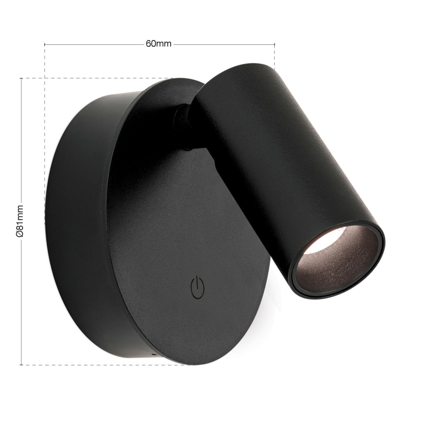 Applique spot murale tactile LED dimmable et rechargeable LUXY LED/1W/5V 2200 mAh 2700/3000/4000K noir