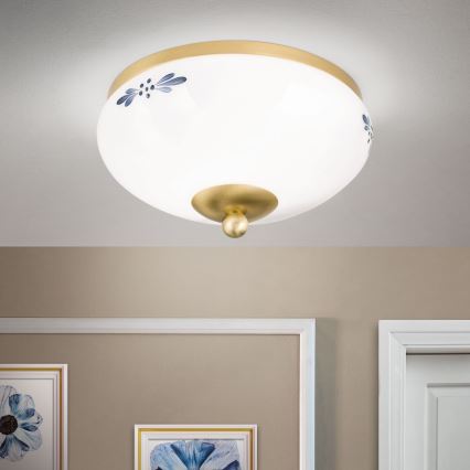 Plafonnier LANDHAUS 1xE27/60W/230V Ø 21 cm, laiton/blanc/bleu
