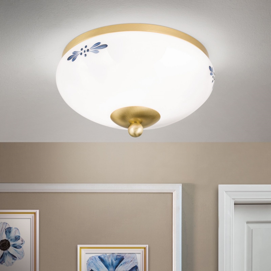 Plafonnier LANDHAUS 1xE27/60W/230V Ø 21 cm, laiton/blanc/bleu