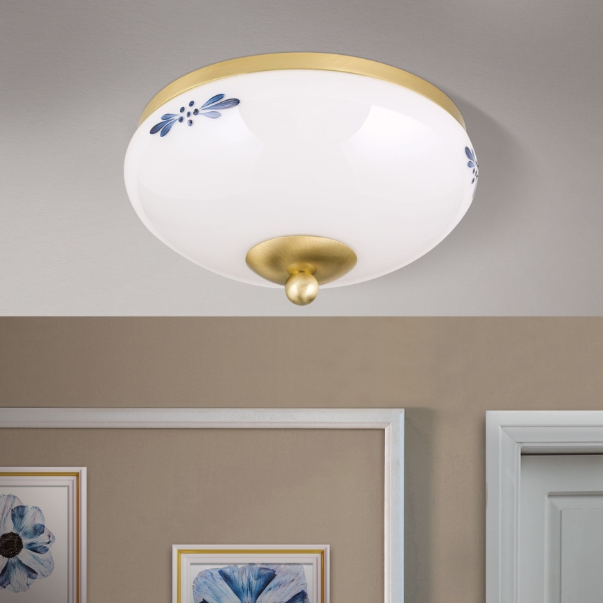 Plafonnier LANDHAUS 1xE27/60W/230V Ø 21 cm, laiton/blanc/bleu