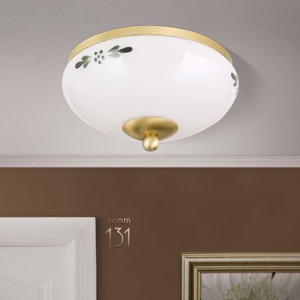 Plafonnier LANDHAUS 1xE27/60W/230V Ø 21 cm laiton/blanc/vert