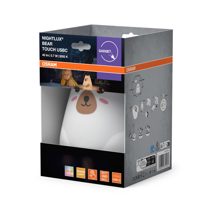 Osram - LED RGBW Lampe tactile dimmable pour enfants NIGHTLUX BEAR LED/0,7W/3,7V 1200 mAh blanche