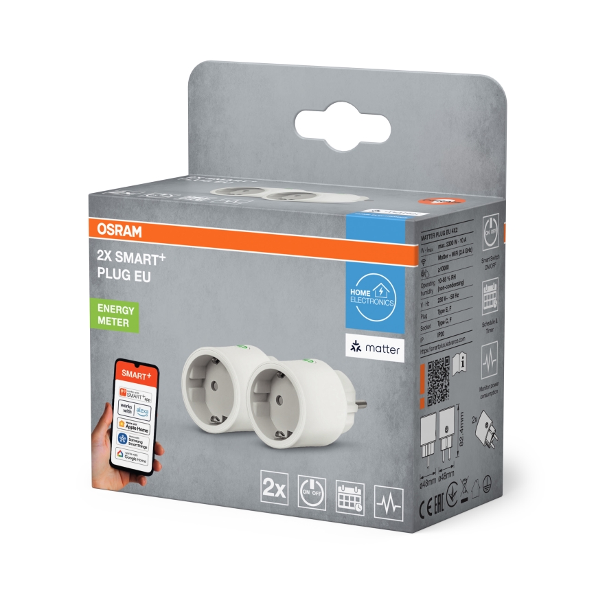 Osram - Lot de 2 prises connectées SMART+ MATTER SCHUKO 2300W/230V/10A Wi-Fi blanches