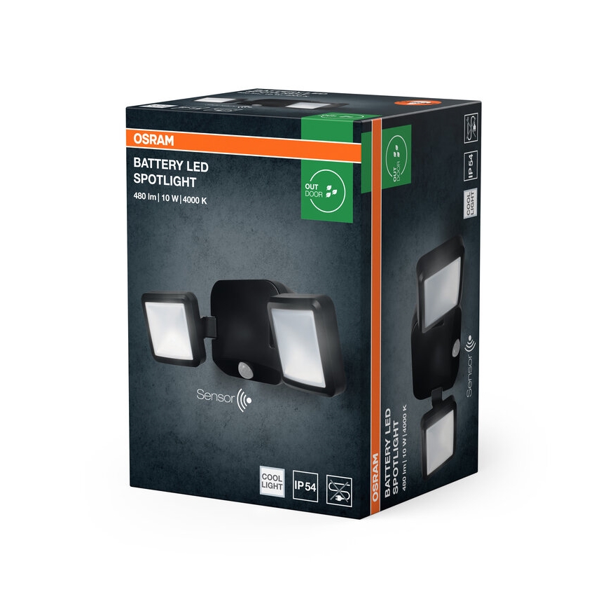 Osram - Projecteur mural LED d'extérieur avec capteur BATTERY, 2 x LED 5W, alimenté par 4 piles D, IP54