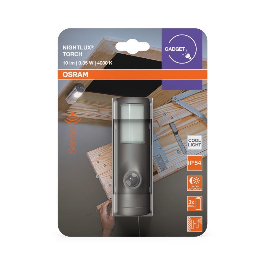 Osram - Veilleuse LED NIGHTLUX avec capteur, 0,35 W, 3xAAA, IP54, argentée