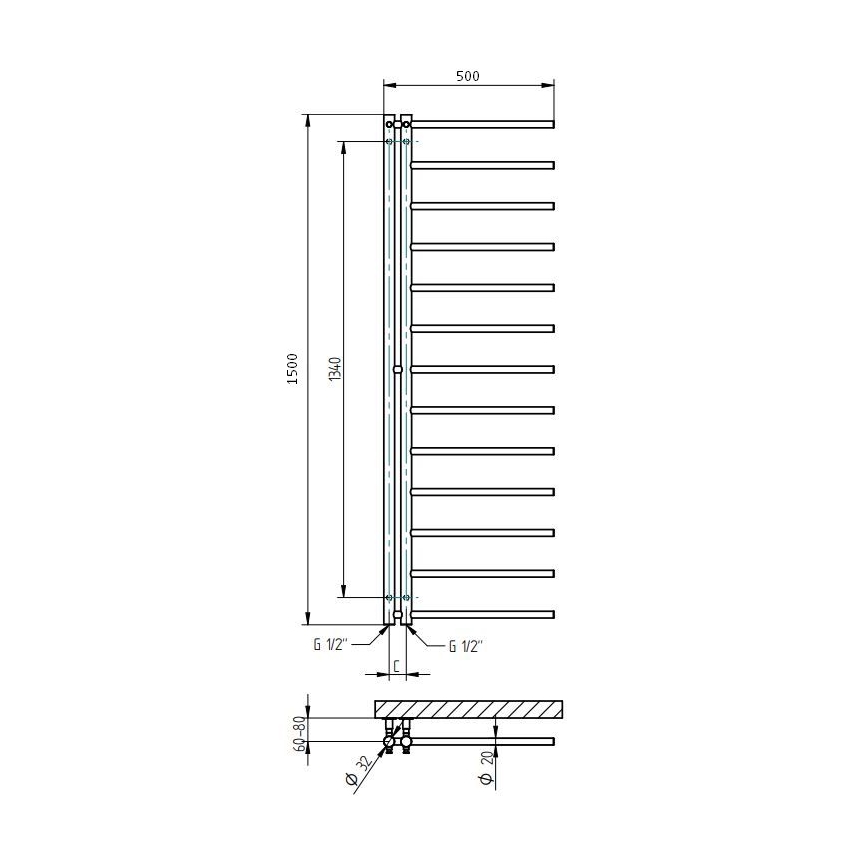 P.M.H. AP2W - Radiateur sèche-serviettes pour salle de bains APOLLO 346 W 150 cm droit/blanc