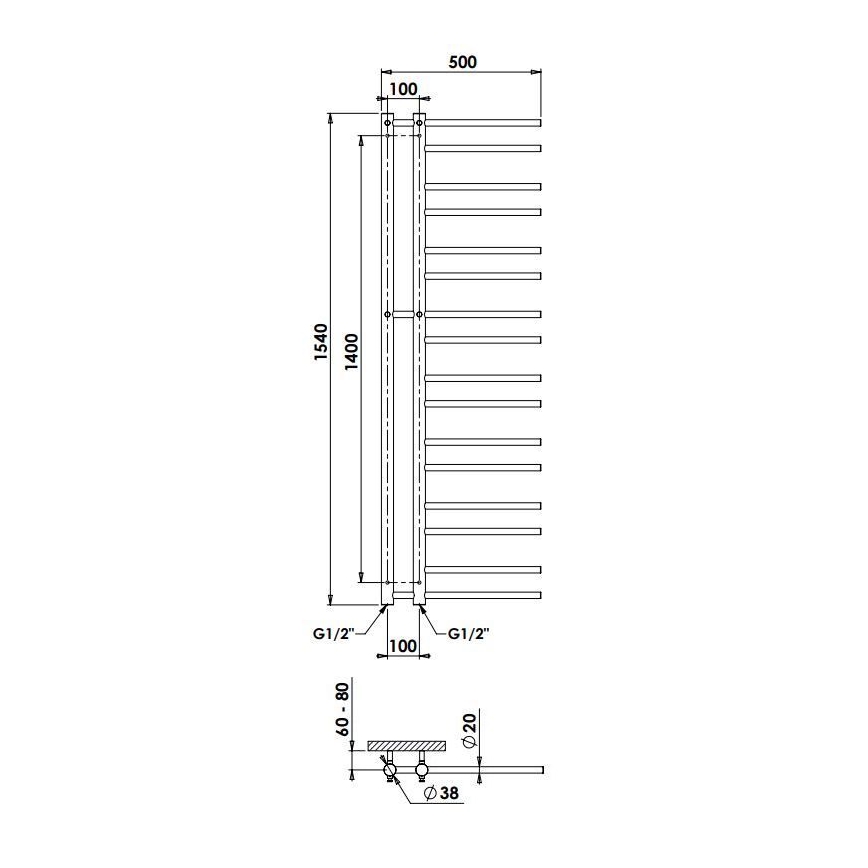 P.M.H. T2B-L - Radiateur sèche-serviettes THEIA 352 W 154 cm, version gauche / noir