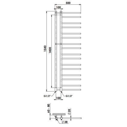 P.M.H. T2C - Sèche-serviettes THEIA 352 W 154 cm version droite/chromé brillant