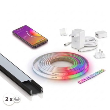 Pack 1x ruban LED RGBW dimmable Philips Hue WHITE AND COLOR AMBIANCE LED/20W/230V 2 m + 2x profilés encastrés 1 m noir/blanc