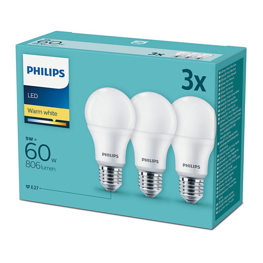 PACK 3x Ampoule LED Philips E27/9W/230V 2700K