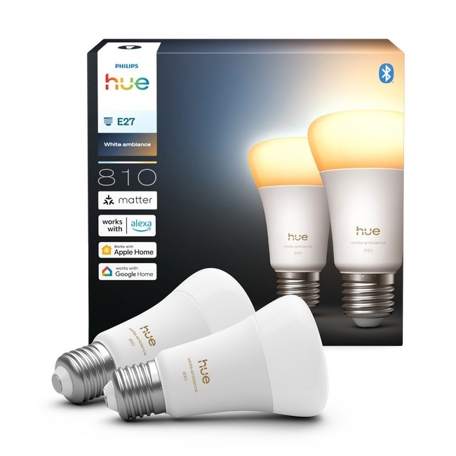Pack de 2 ampoules LED dimmables Philips Hue WHITE AMBIANCE, culot E27, 6W, 230V, 1000-20000K