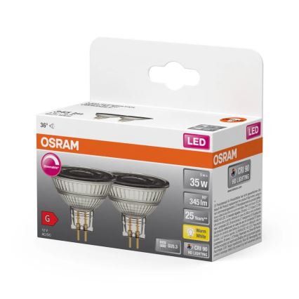 Lot de 2 ampoules spot LED dimmables MR16 GU5,3/5W/12V 2700K 36° IRC 90 - Osram