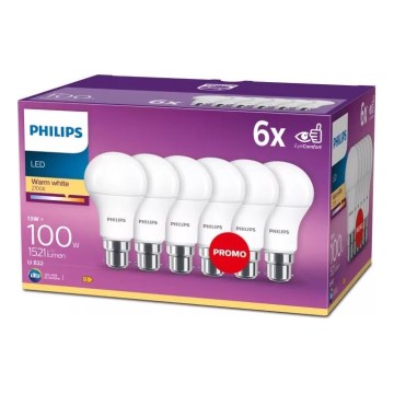Pack de 6 ampoules LED Philips A60 à culot B22, 13 W, 230 V, 2700 K
