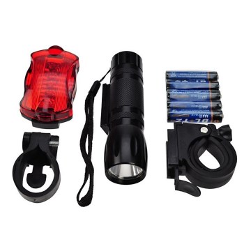 Pack feux de vélo - avant LED 3W + arrière 5xLED, 2x support, 2x+ piles 3xAAA baterie IP44