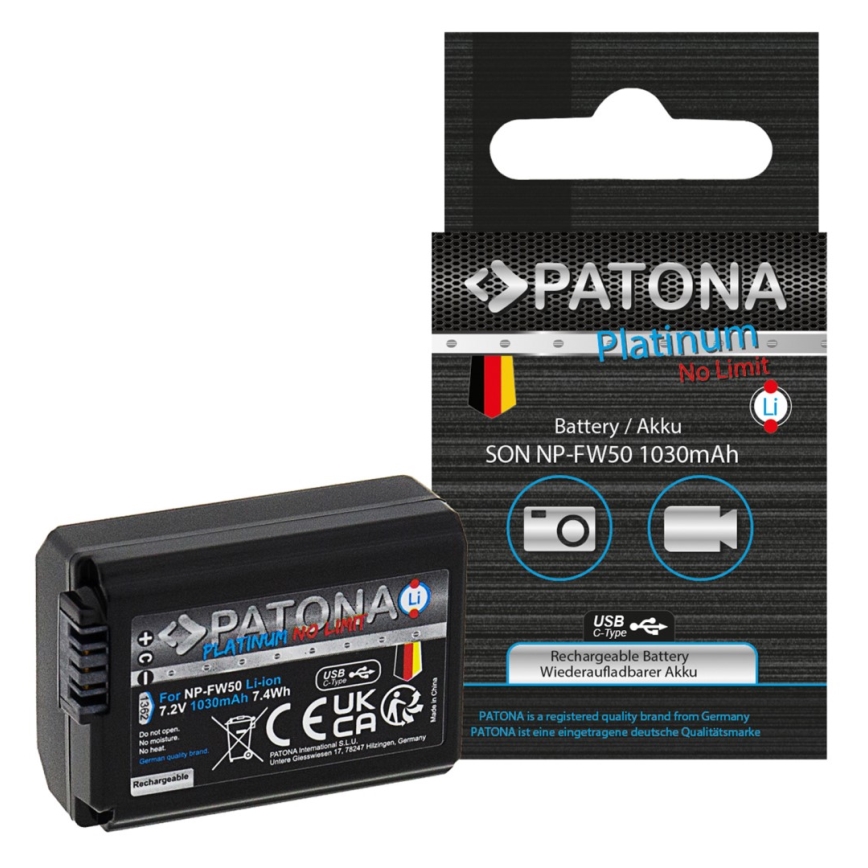PATONA - Accumulateur Sony NP-FW50 1030mAh Li-Ion Platinum USB-C charge