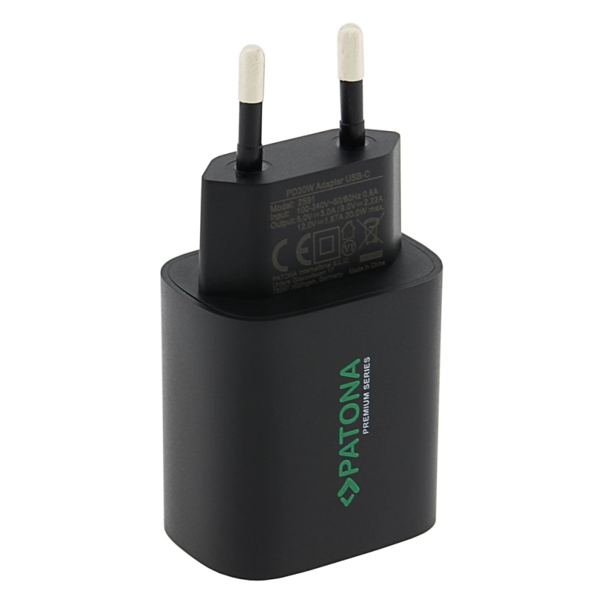 PATONA - Adaptateur de charge USB-C Power delivery 20W/230V noir