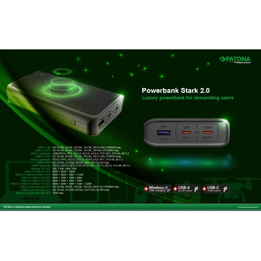 PATONA - Batterie portative 20000mAh 100W Li-lon 2xUSB-C/1x USB-A avec charge QI