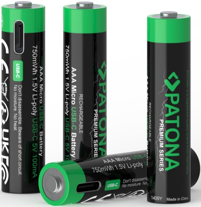 PATONA - LOT 4x Batterie AAA/LR03 Li-Pol 500mAh 1,5V avec USB-C charge