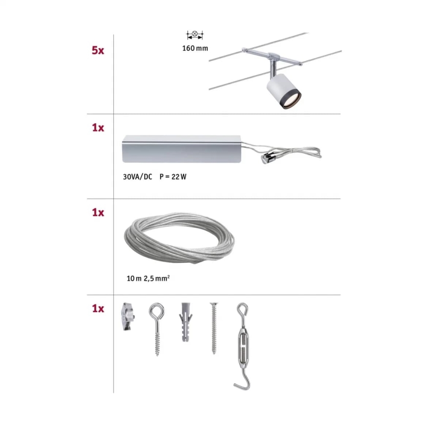 Paulmann 3981 - KIT complet TUBE, système de suspension par câble 230 V, 5× LED de 4 W, chrome mat/noir