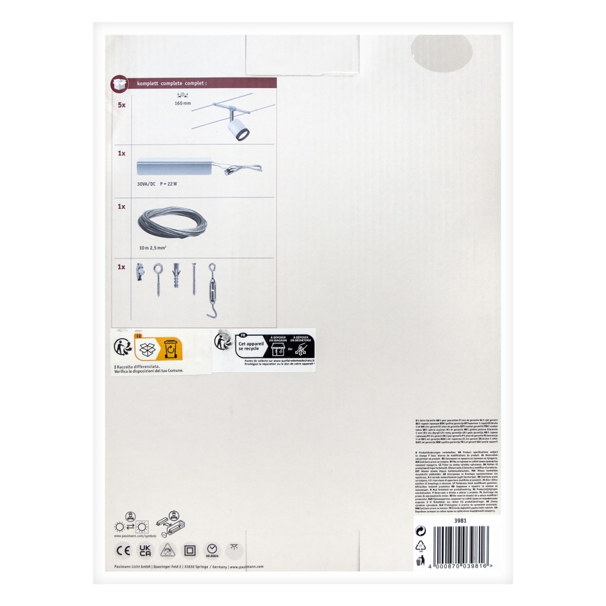 Paulmann 3981 - KIT complet TUBE, système de suspension par câble 230 V, 5× LED de 4 W, chrome mat/noir