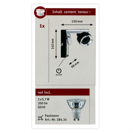 Paulmann 66670 - 1xGU10/10W Spot mural TURN 230V noir