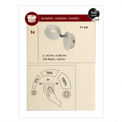 Paulmann 66732 - 1xLED/6W Spot mural à intensité variable FUNNEL 230V blanc