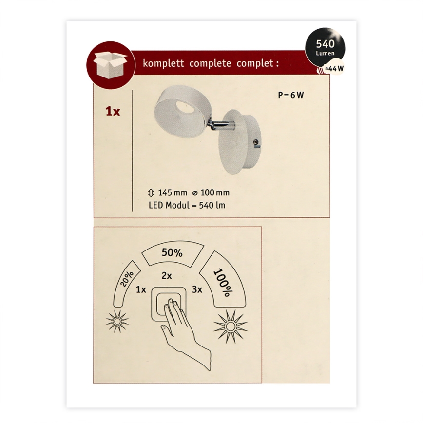 Paulmann 66732 - 1xLED/6W Spot mural à intensité variable FUNNEL 230V blanc