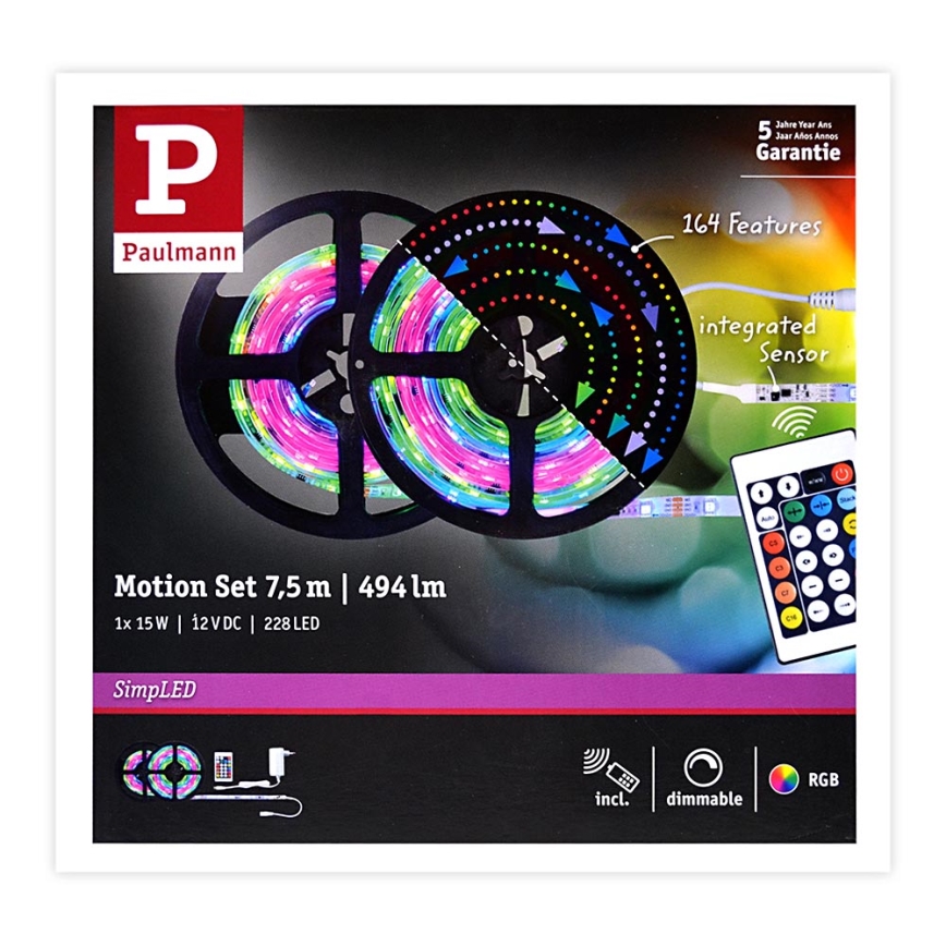 Paulmann 70514 - LED RGB/15W Ruban à intensité variable SIMPLED 7,5m 230V + Télécommande
