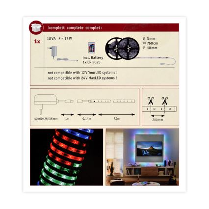 Paulmann 70514 - LED RGB/15W Ruban à intensité variable SIMPLED 7,5m 230V + Télécommande