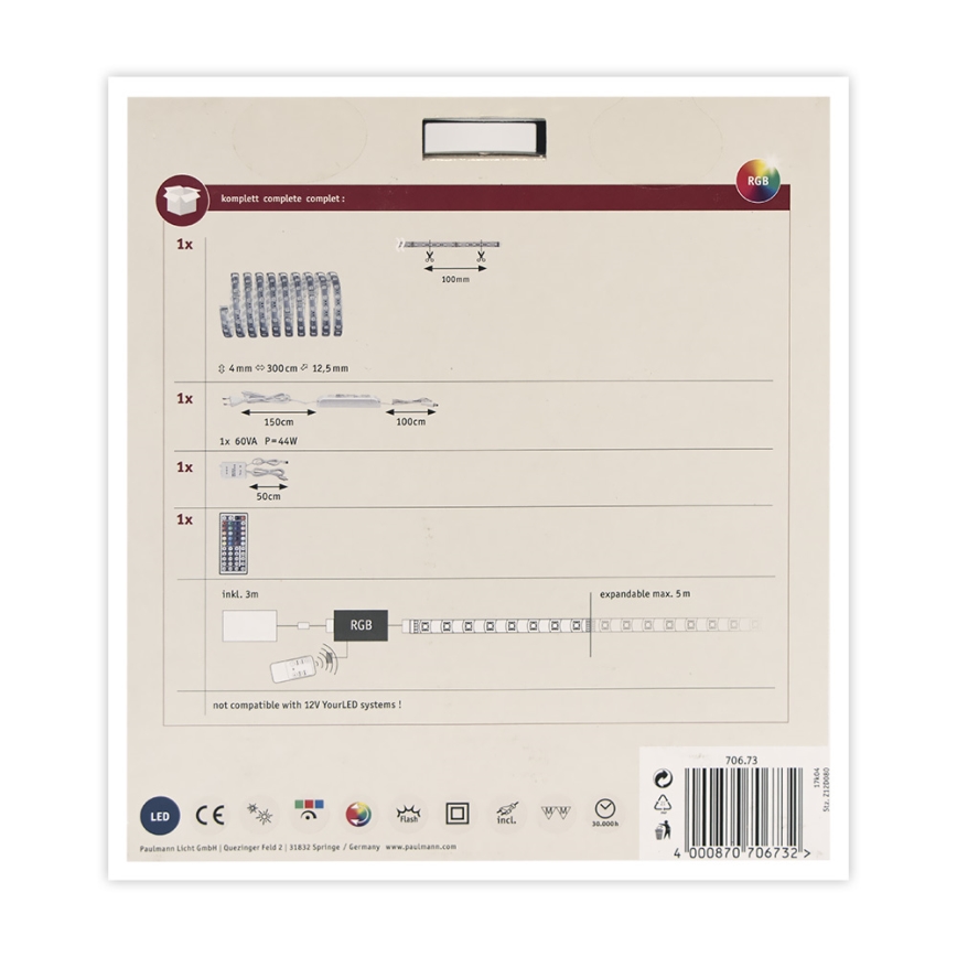 Paulmann 70673 - Ruban à intensité variable LED RGB/40W MAXLED 3m 230V + télécommande
