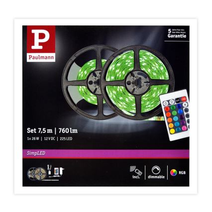 Paulmann 78979 - Bande LED RGB/26W à intensité variable SIMPLED 7,5m 230V + Télécommande