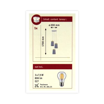 Paulmann 79627 - Suspension filaire NORELL 3xE27/20W/230V béton