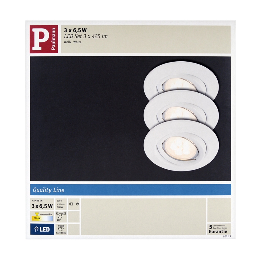 Paulmann 92029 - PACK 3x Luminaire LED encastrable QUALITY LINE 3xGU10-LED/6,5W