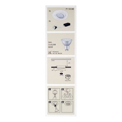 Paulmann 92029 - PACK 3x Luminaire LED encastrable QUALITY LINE 3xGU10-LED/6,5W