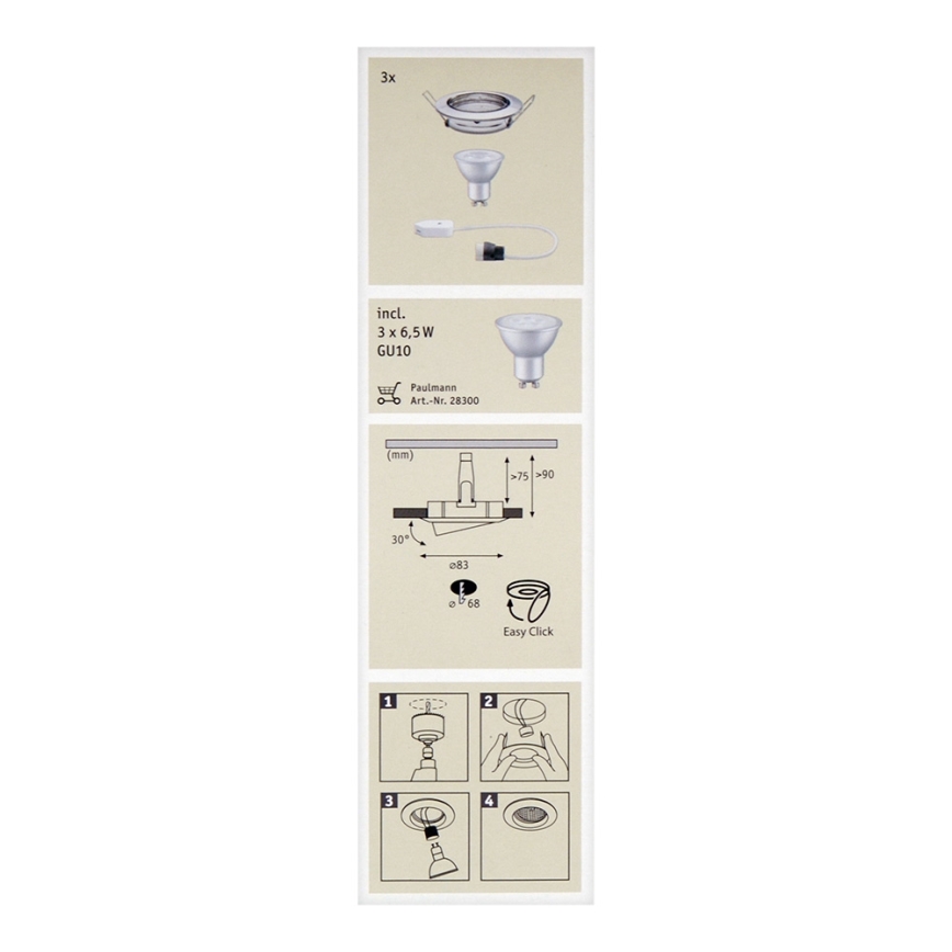 Paulmann 92102 - SET 3xLED-GU10/6,5W Spot encastrable 230V