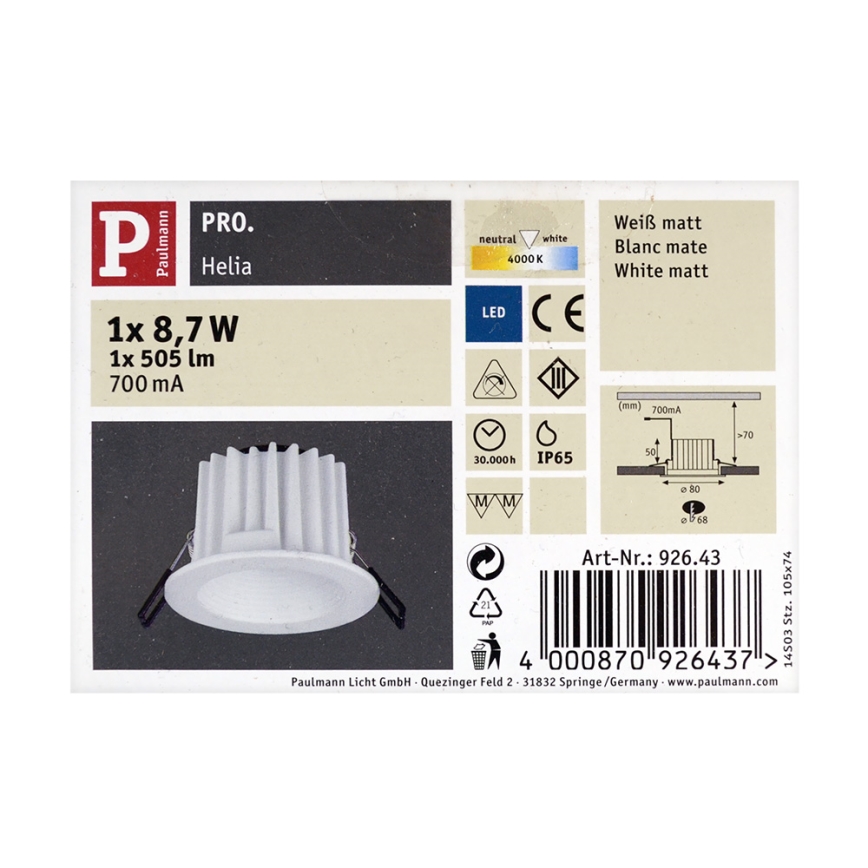 Paulmann 92643 - Spot encastrable LED salle de bain HELIA LED/8,7W/700mA 4000K