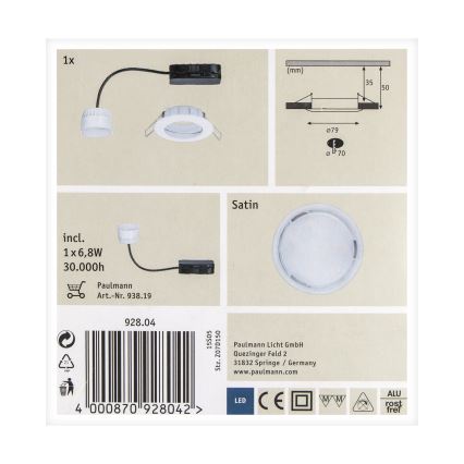 Paulmann 92804 - LED/6,8W IP44 Spot encastrable salle de bain COIN 230V