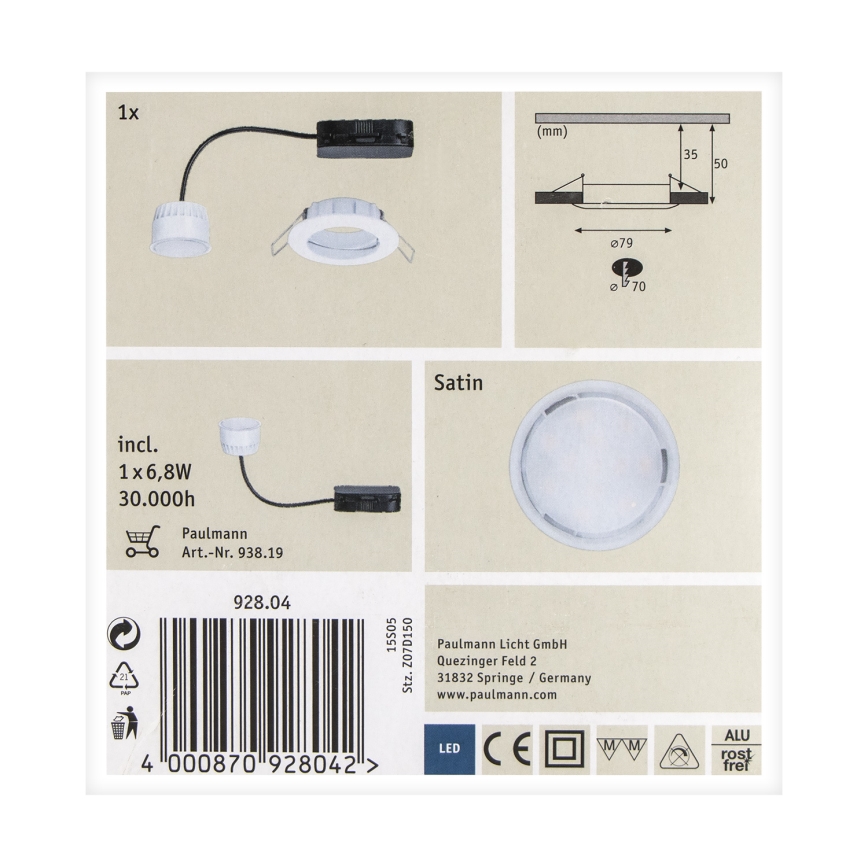 Paulmann 92804 - LED/6,8W IP44 Spot encastrable salle de bain COIN 230V